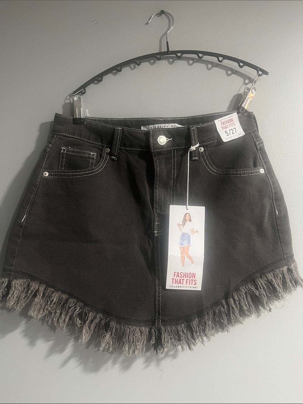 Celebrity Pink Dark Gray Frayed Hem Denim Skirt  5/27